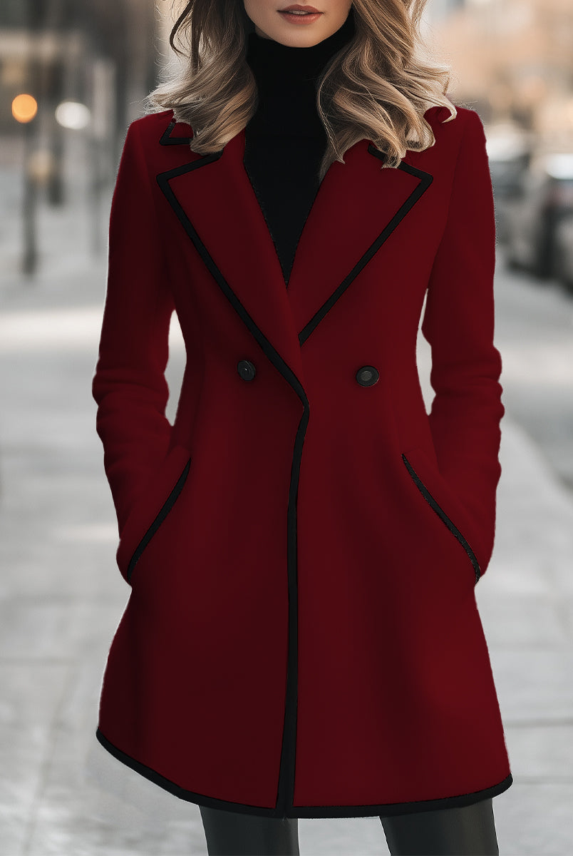 Lumina Wear Briony double-breasted white coat with trim, stylish and tailored, displayed on a model.