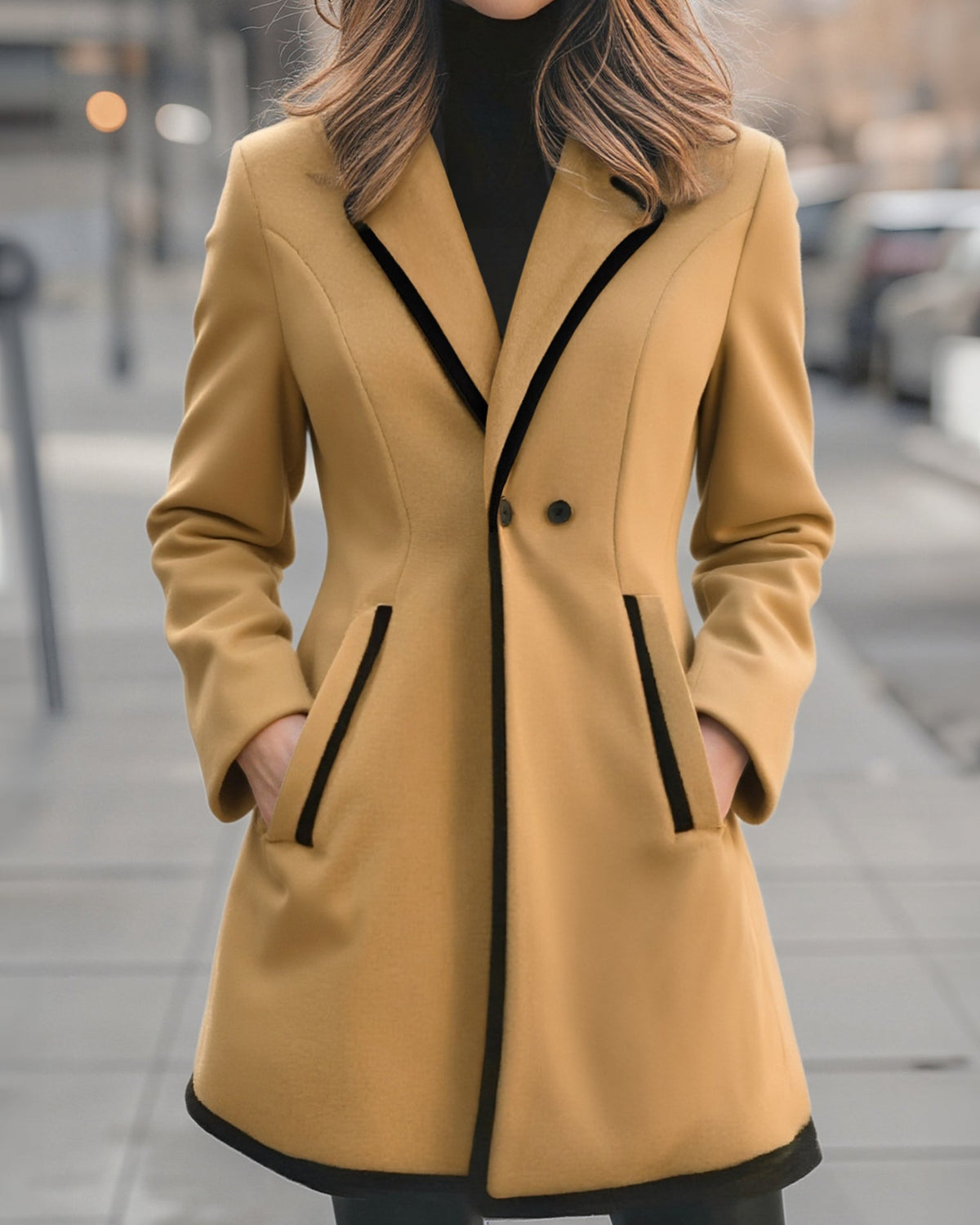 Lumina Wear Briony double-breasted white coat with trim, stylish women's winter coat on a hanger.