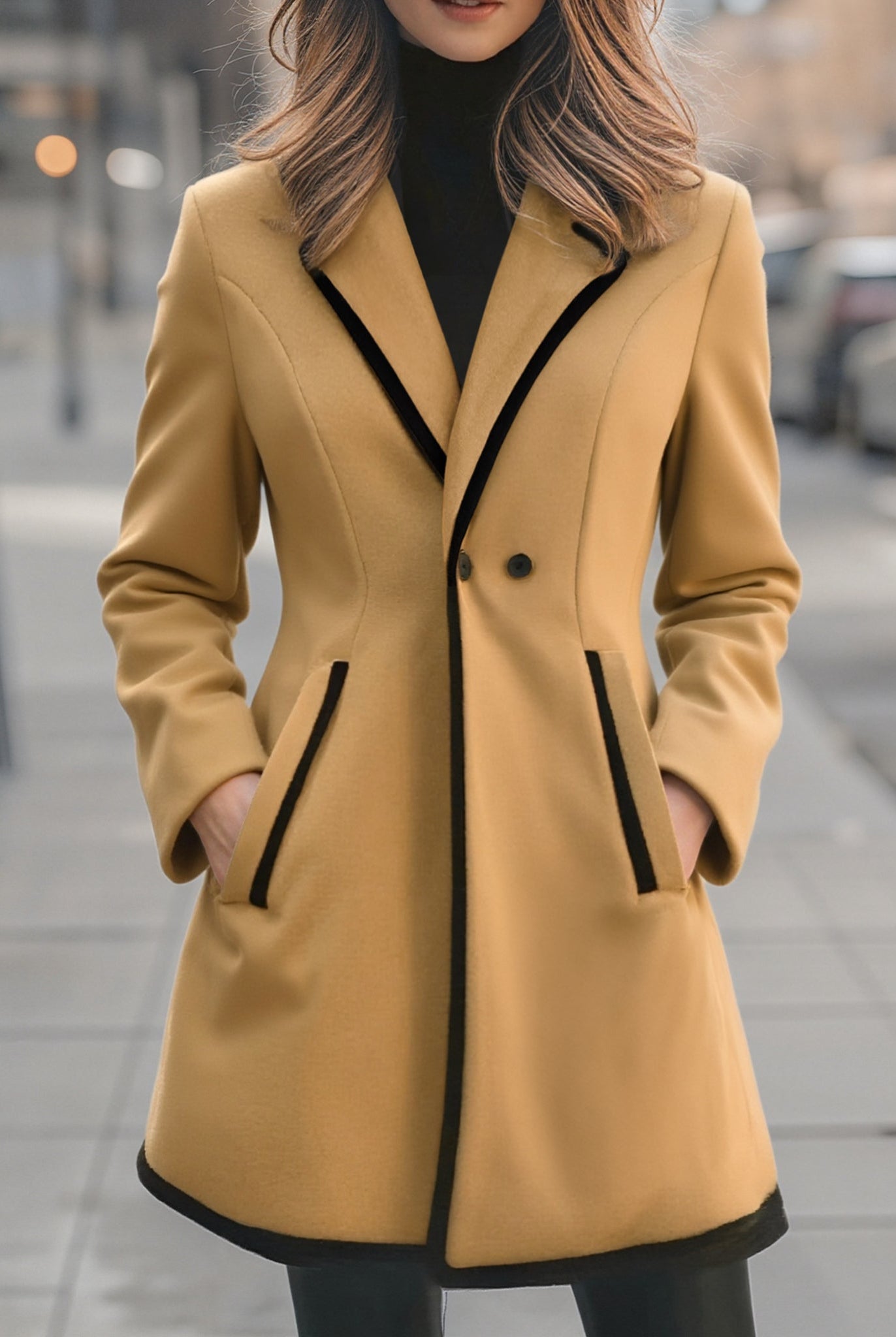 Lumina Wear Briony double-breasted white coat with trim, stylish women's winter coat on a hanger.