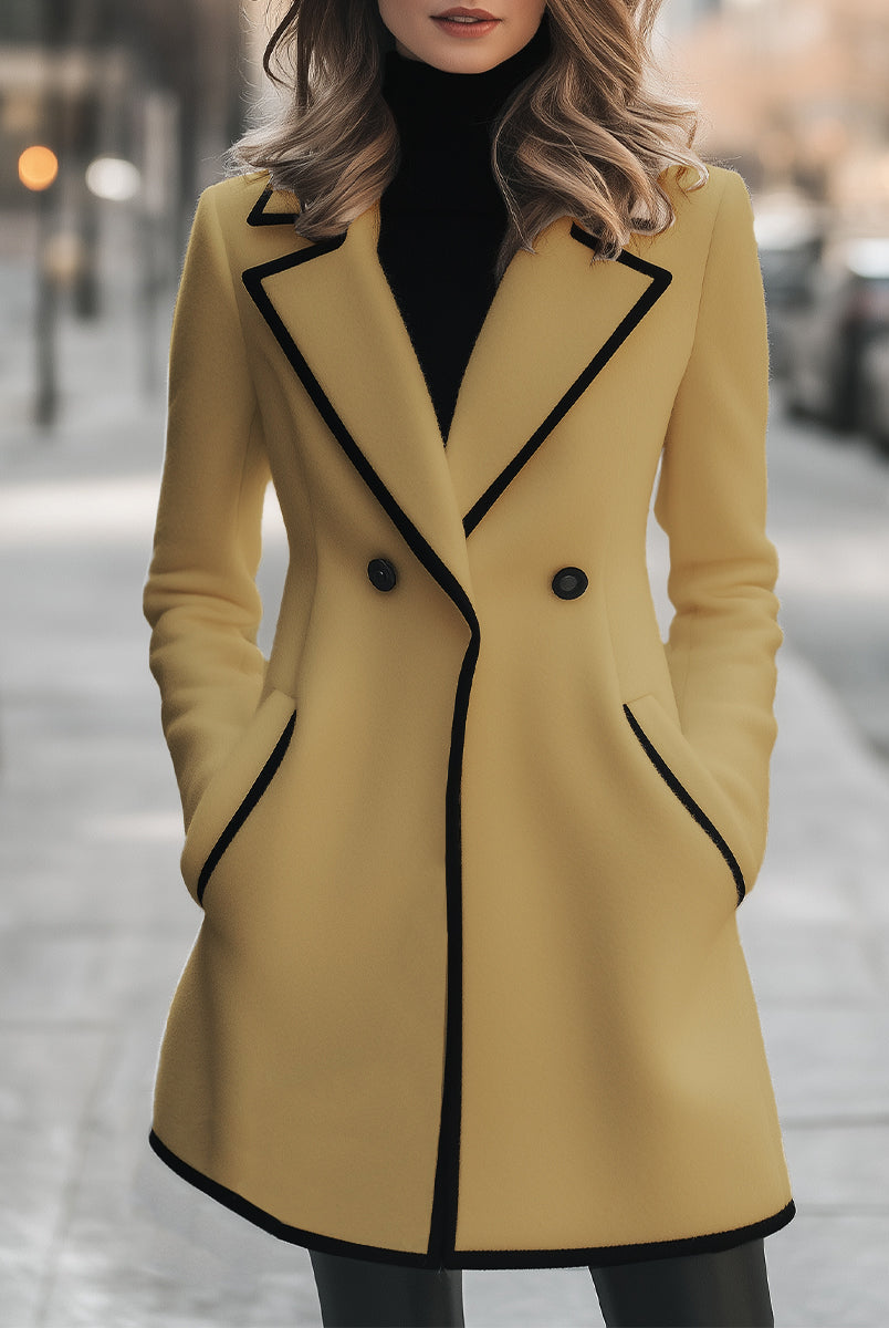 Lumina Wear Briony double-breasted white coat with trim, stylish and warm, displayed on a hanger.
