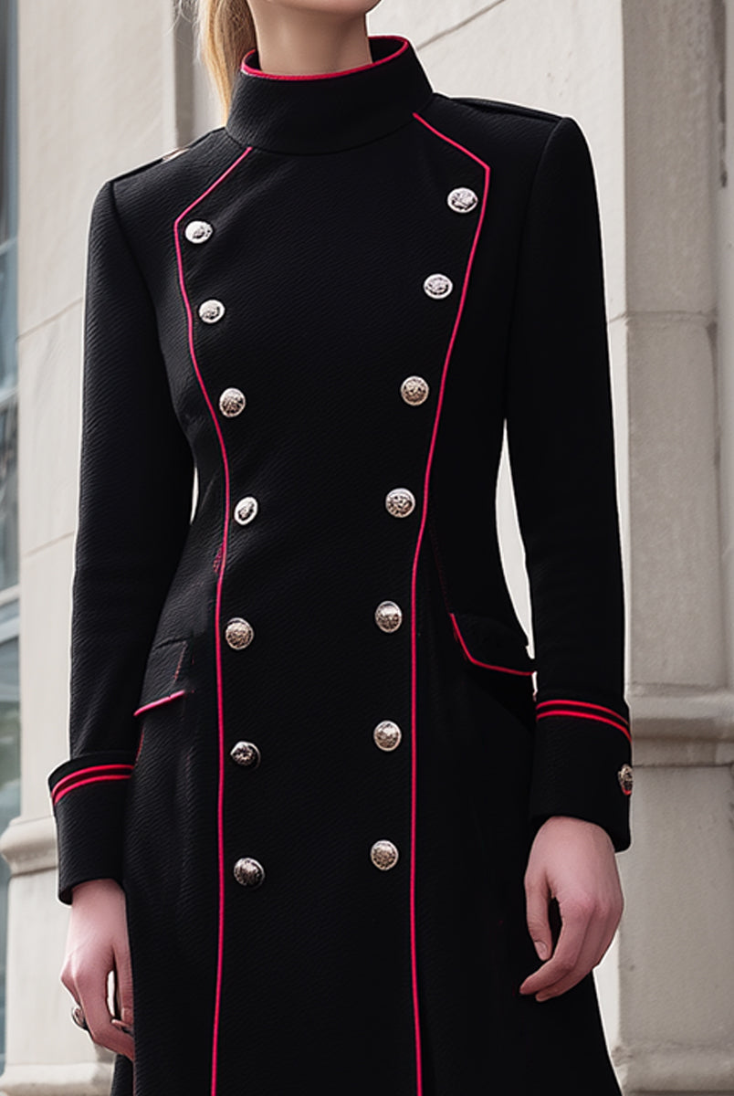Black Lumina Vancouver Iolanthe double-breasted military-inspired long coat with red piping, tailored fit, and classic design.