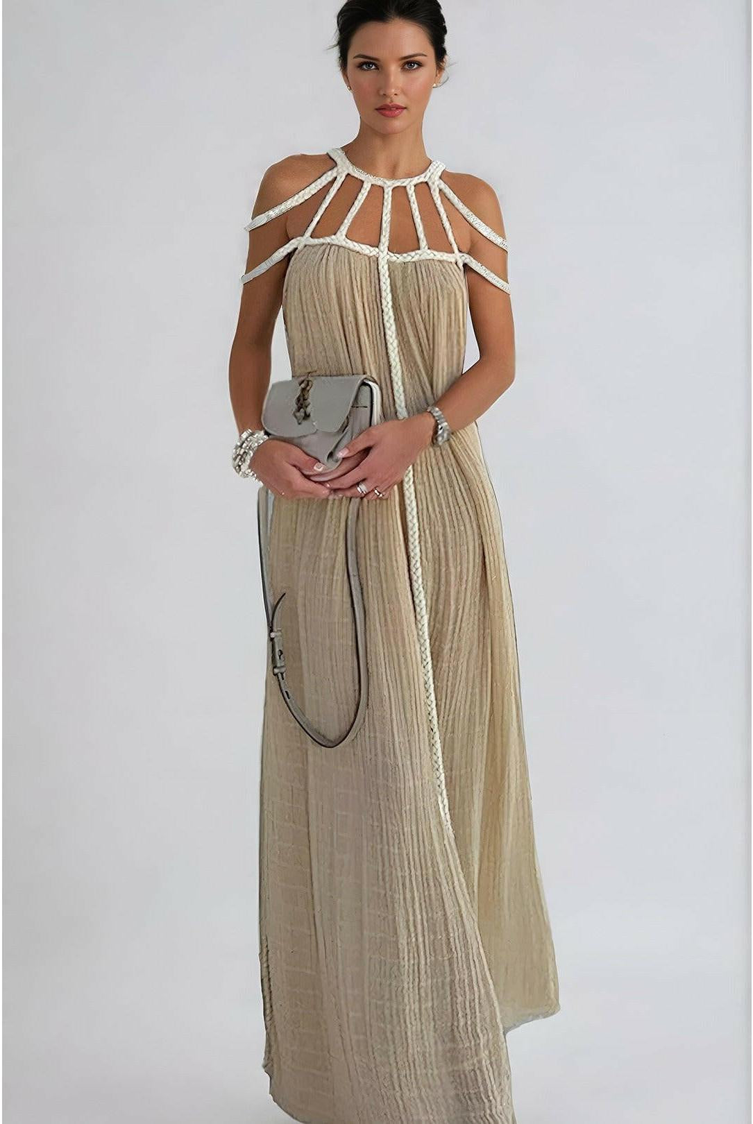 Beige Zeeva elegant stylish dress by Lumina Wear, featuring a flattering fit and modern design, displayed on a hanger.