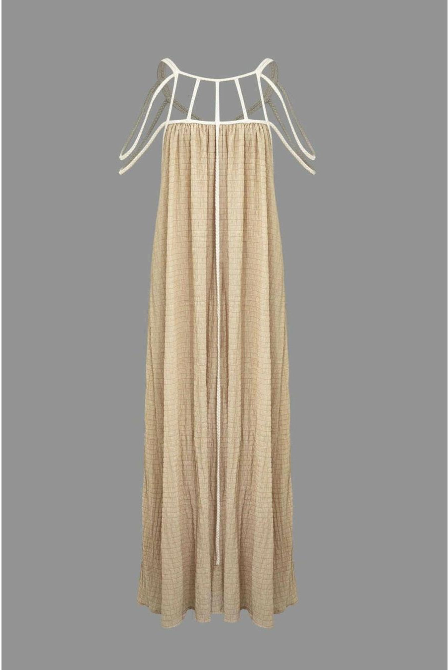Beige Zeeva Elegant Stylish Dress by Lumina Wear, displayed on a mannequin, showcasing its sophisticated design.