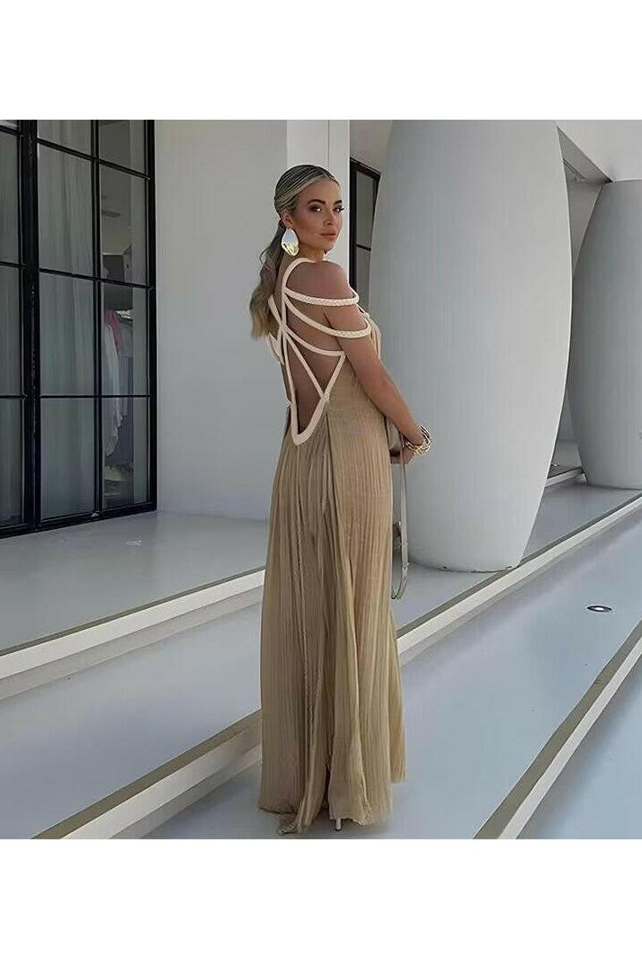 Beige Zeeva elegant stylish dress by Lumina Wear, featuring a one-size fit and intricate design, perfect for sophisticated occasions.