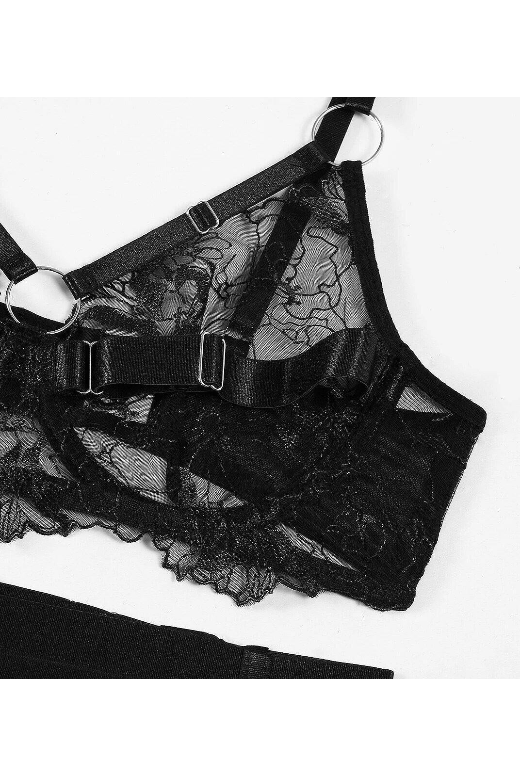 Black Zephyra 3-piece lingerie set by Lumina Vancouver with lace bras and matching panties, stylish and elegant.