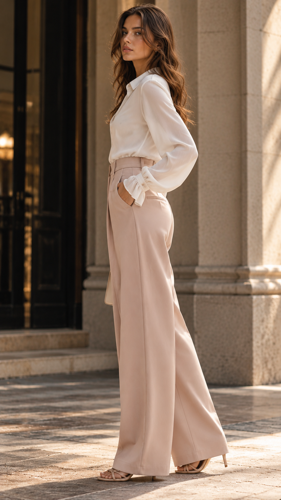Lumina Wear Isabella tailored blazer with feather cuffs paired with straight-leg trousers, stylish and sophisticated suit ensemble.