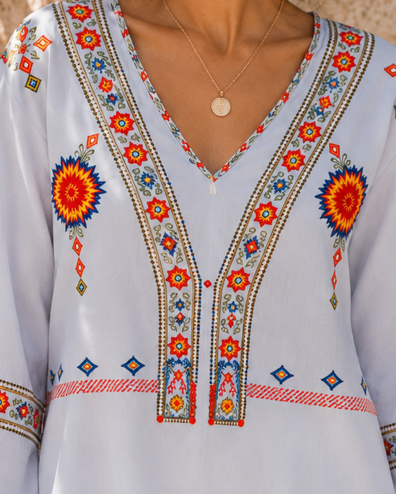 Bohemian embroidered summer blouse with V-neck by Lumina Wear, featuring colorful floral embroidery and relaxed fit.