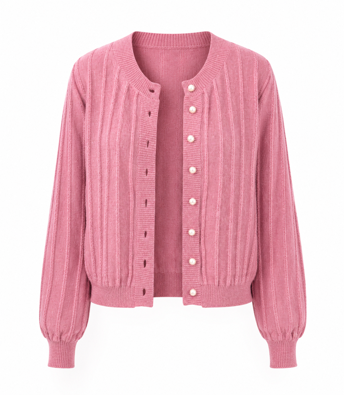 Sophia pink knit cardigan by Lumina Wear, cozy open-front sweater with long sleeves and ribbed cuffs, perfect for casual wear