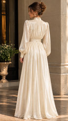 Lumina Wear Isabelle satin high-neck belted maxi dress in a flowing silhouette