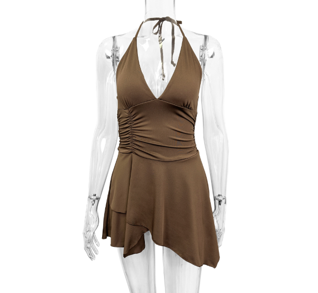 Lumina Vancouver Nova sleeveless A-line mini dress in vibrant fabric, showcasing a stylish, fitted bodice and flared skirt.