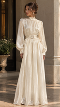 Lumina Wear Isabelle satin high-neck belted maxi dress in a flowing floor-length silhouette