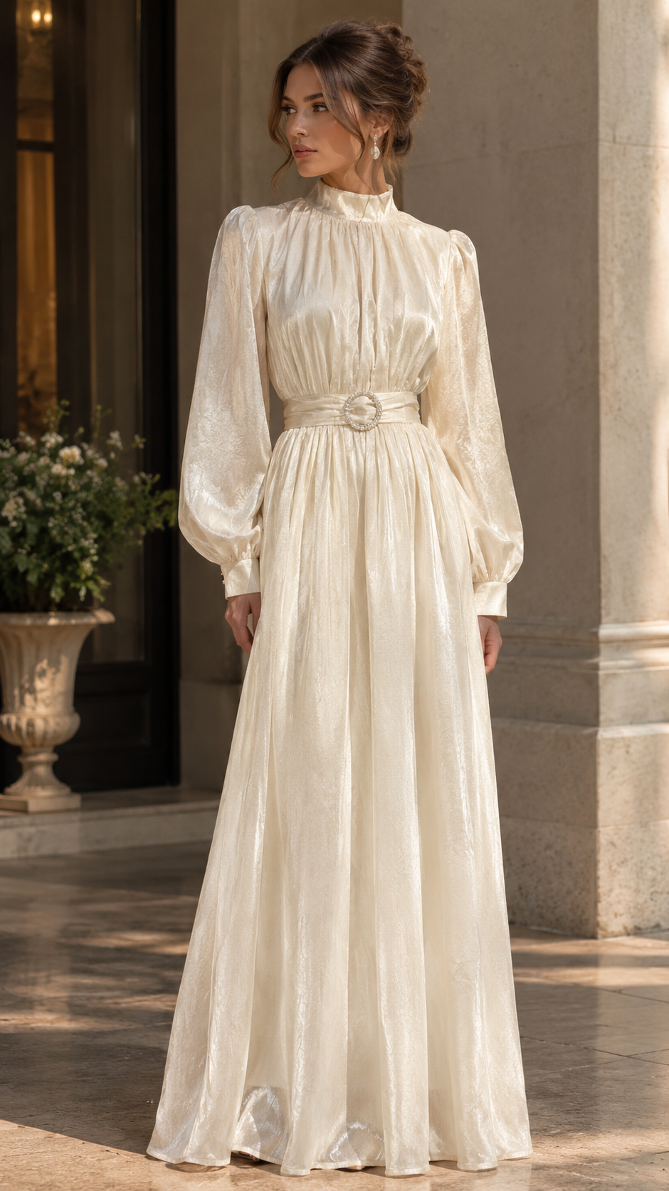 Lumina Wear Isabelle satin high-neck belted maxi dress in a flowing floor-length silhouette