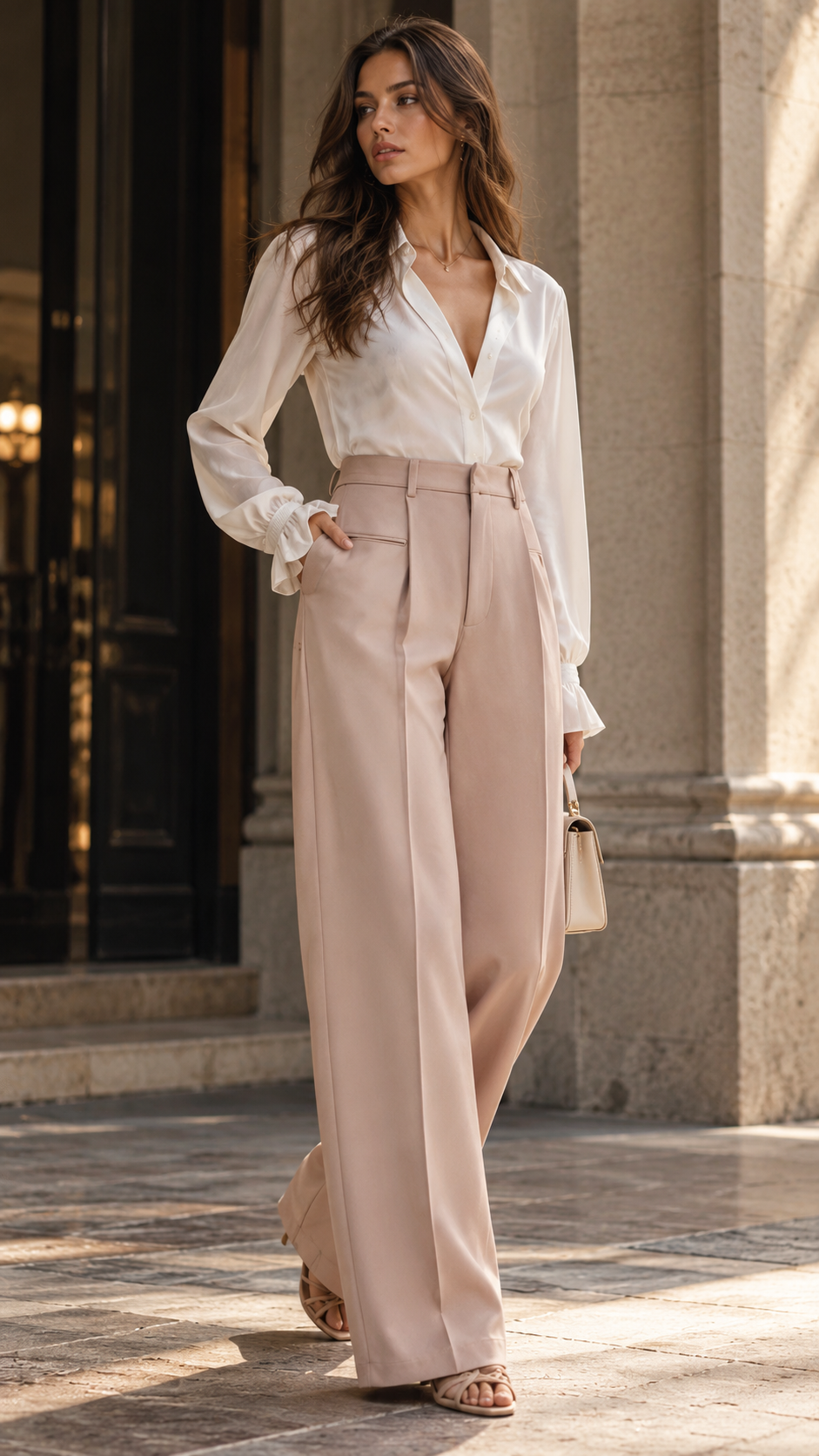 Lumina Wear Isabella tailored suit featuring a blazer with feather cuffs and matching straight-leg trousers.