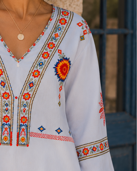 Bohemian embroidered summer blouse with V-neck from Lumina Wear, featuring colorful floral embroidery and lightweight fabric.