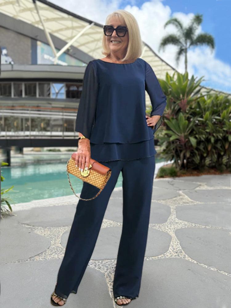 Elegant women's two-piece set by Lumina Wear featuring a relaxed fit, stylish top and matching pants in a soft, sophisticated design.