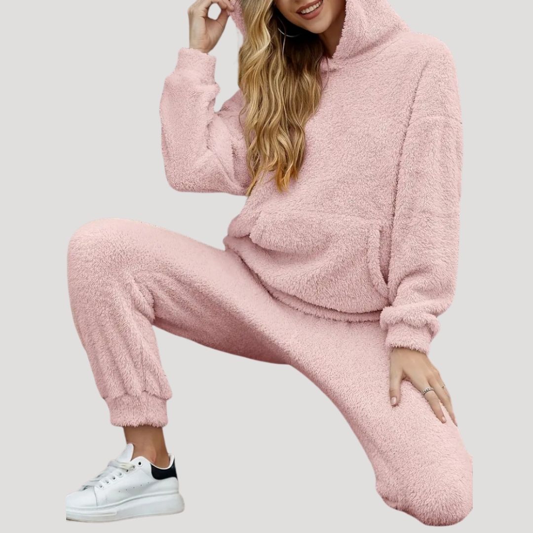 Lumina Wear Alexa cozy hooded two-piece lounge set with flattering fit, soft fabric, and comfortable design for relaxed wear.