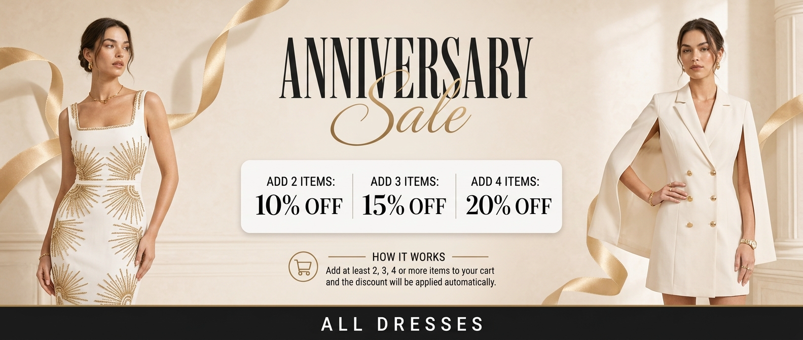 Promotional banner for an anniversary sale with two women in dresses and discount information.