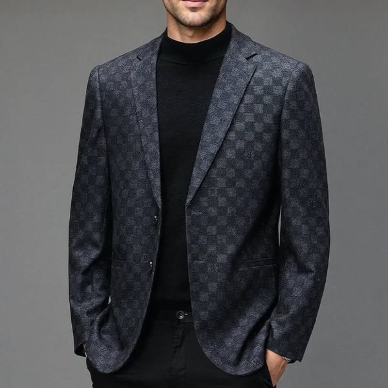 Men's Astaire slim fit textured check evening blazer with soft lining by Lumina Wear, shown in a stylish close-up view.