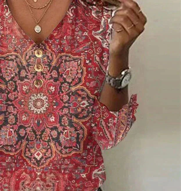 Audrey bohemian print summer blouse with flowing fit from Lumina Wear, featuring vibrant patterns and lightweight fabric.