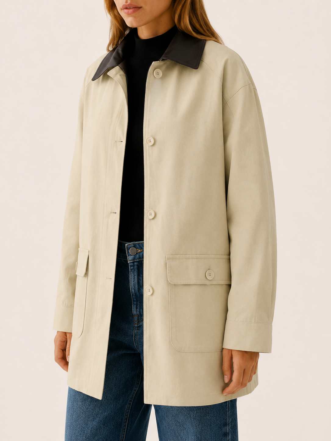 A beige barn jacket with a contrast collar from Lumina Wear, featuring a relaxed fit and casual style.