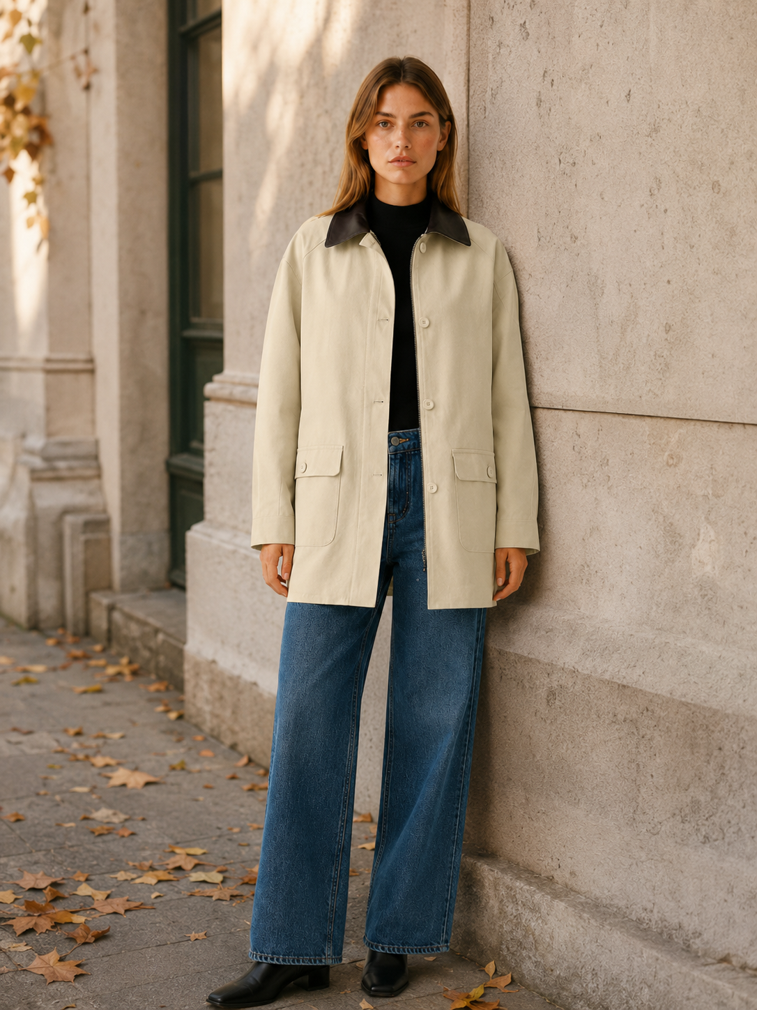A relaxed beige barn jacket by Lumina Wear featuring a contrast collar and casual fit, displayed on a neutral background.