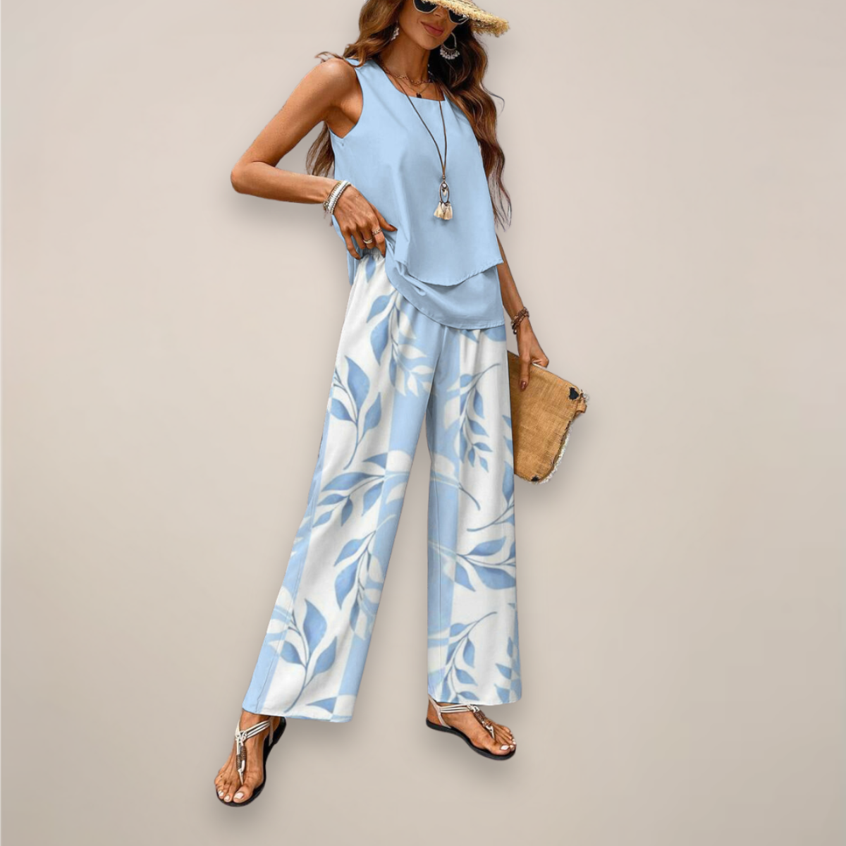 A vibrant printed wide-leg women's set by Lumina Wear featuring a relaxed fit, shown on a model in a bright, colorful design.