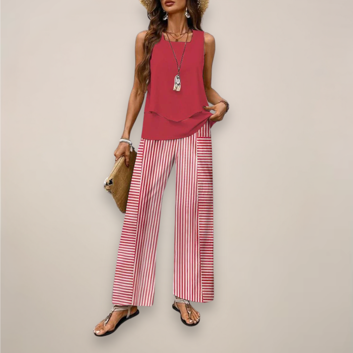 A vibrant printed wide-leg women's set with relaxed fit by Lumina Wear, featuring colorful patterns and comfortable style.