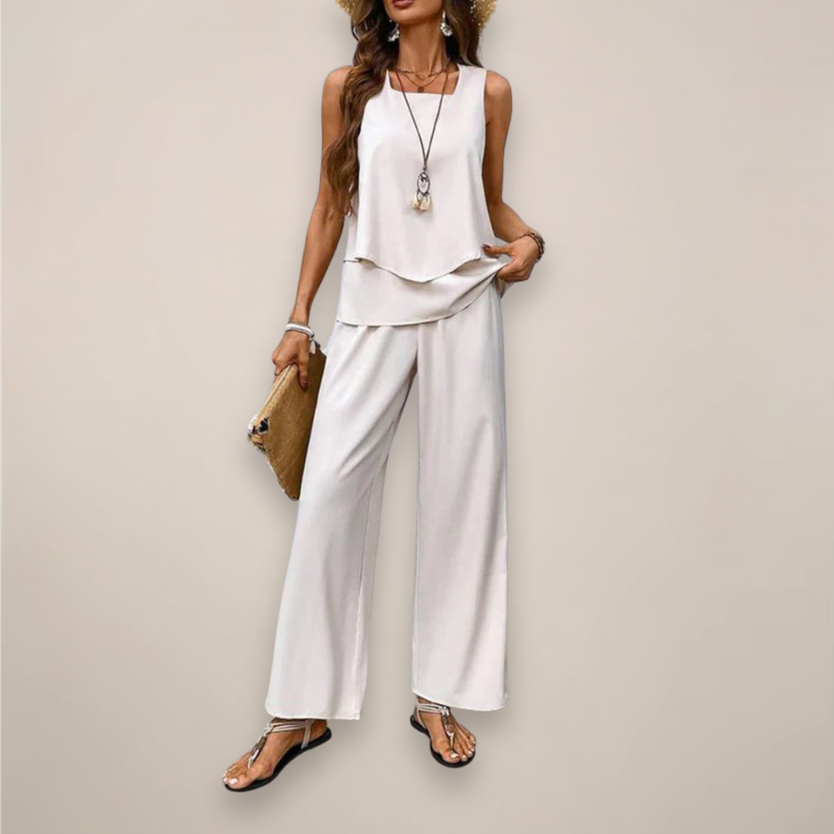 A vibrant printed wide-leg women's set with relaxed fit from Lumina Wear, featuring bold patterns and comfortable style.