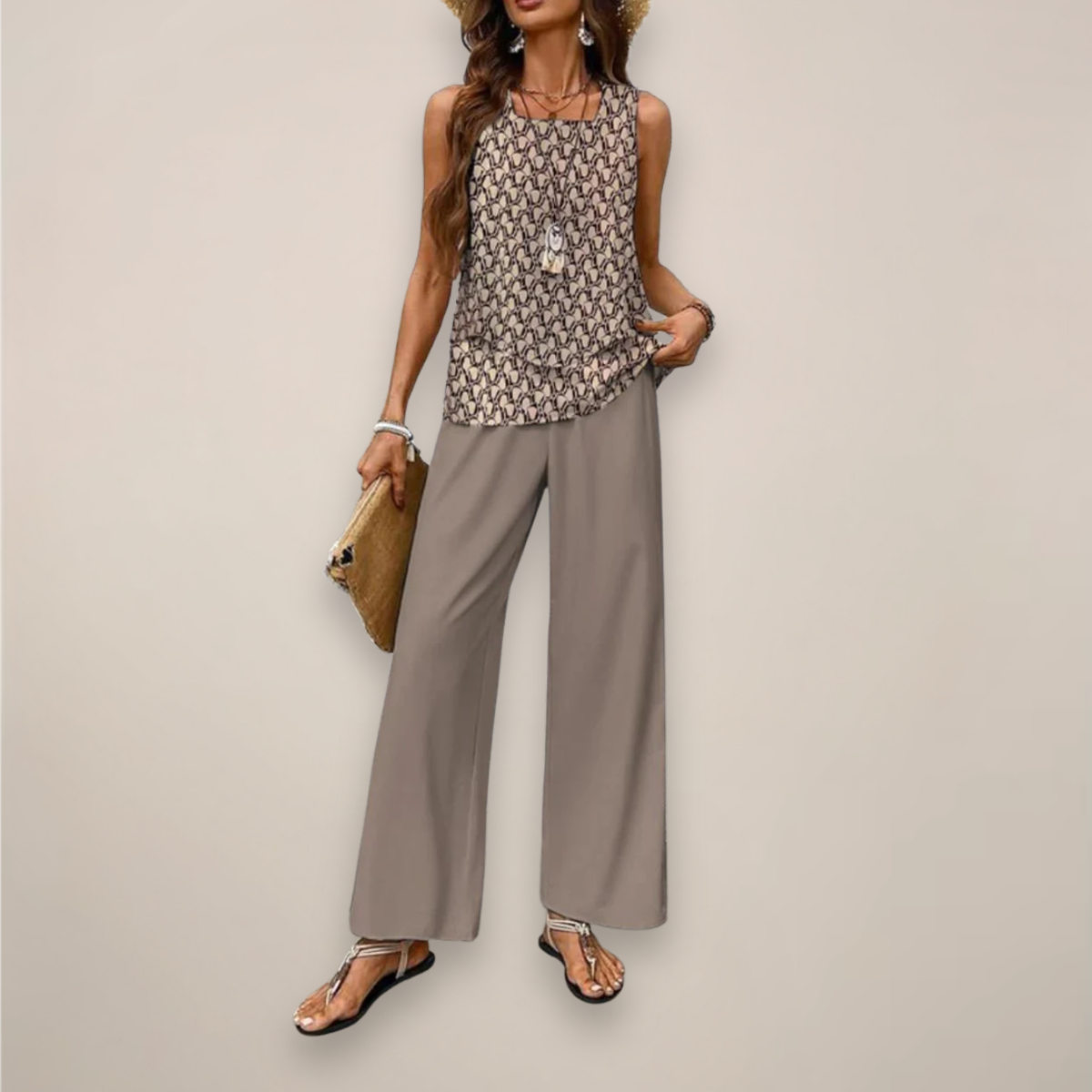 Vibrant printed wide-leg women's set with relaxed fit from Lumina Wear, featuring colorful patterns and comfortable fabric.