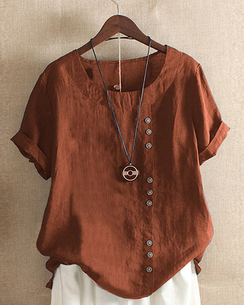 Light beige Beatrice casual blouse with button details from Lumina Wear, featuring a relaxed fit and stylish design.