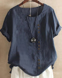 Light blue Beatrice relaxed summer blouse with button detail from Lumina Wear, featuring a flowy fit and casual style.
