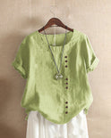 Light beige relaxed summer blouse with button details from Lumina Wear, featuring a comfortable, flowy fit and casual style.
