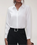 Elegant white tailored button-up women's blouse by Lumina Wear, featuring a classic collar and long sleeves.
