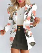 Women's floral blazer and skirt set by Lumina Wear, tailored fit with vibrant floral pattern, perfect for stylish office or social wear.