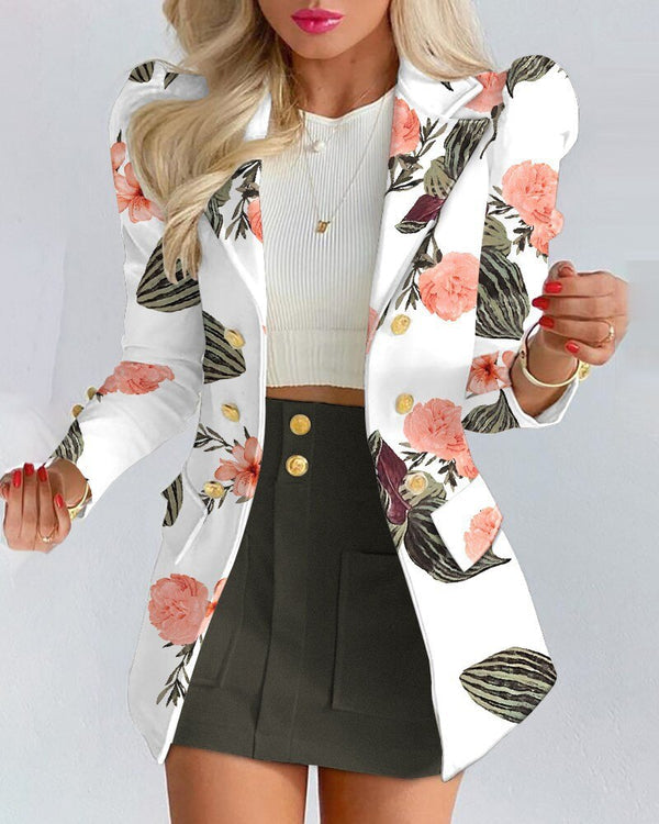 Women's floral blazer and skirt set by Lumina Wear, tailored fit with vibrant floral pattern, perfect for stylish office or social wear.