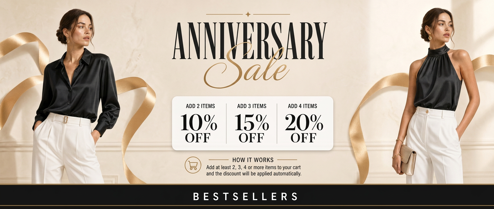 Promotional banner for an anniversary sale with discounts on a model wearing a black blouse and white pants.