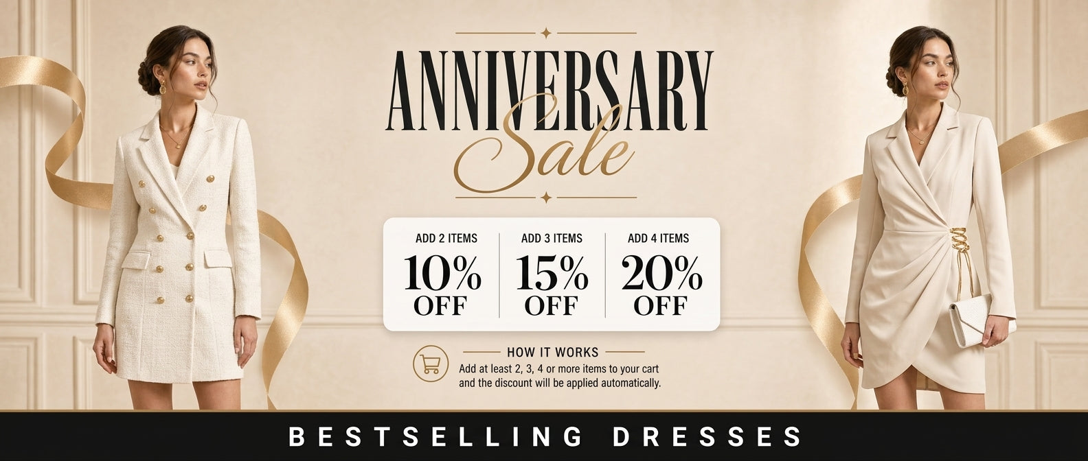 Promotional banner for an anniversary sale with models wearing dresses and discount information.