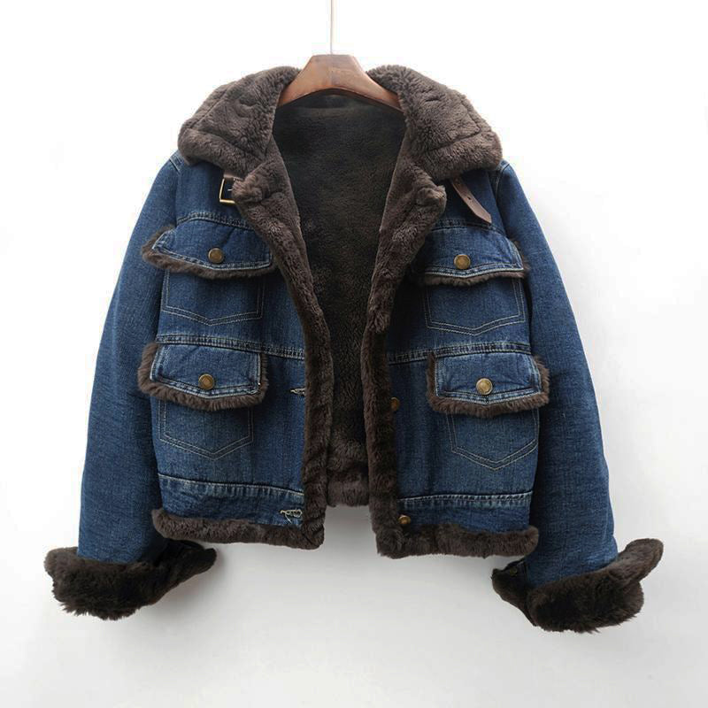 Vintage tailored denim coat with multi pockets from Lumina Wear, shown in a classic blue denim style.
