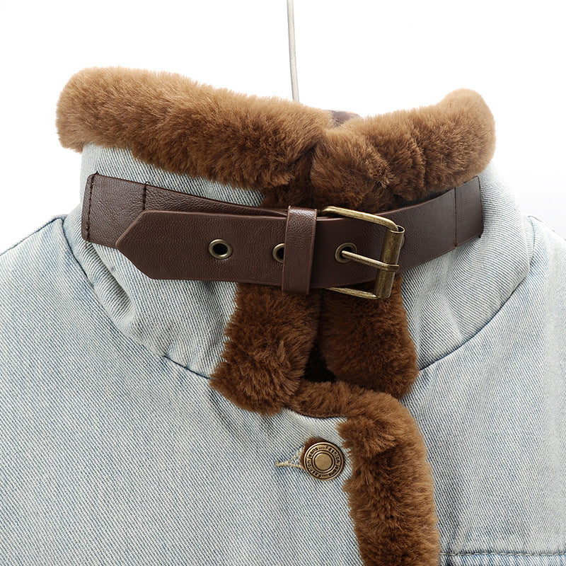 Vintage tailored denim coat with multi pockets by Lumina Wear, featuring classic design and rugged fabric details.