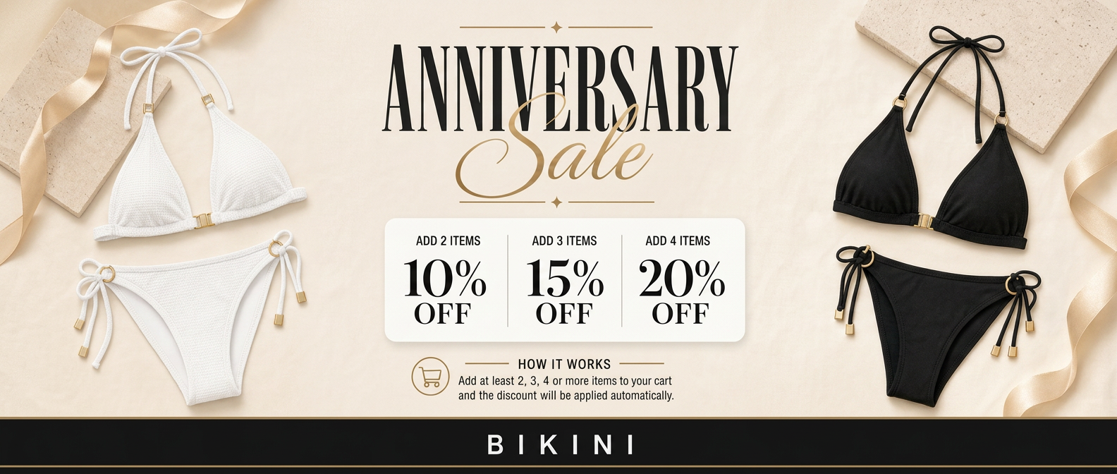 Promotional banner for an anniversary sale on bikinis with discount percentages displayed.
