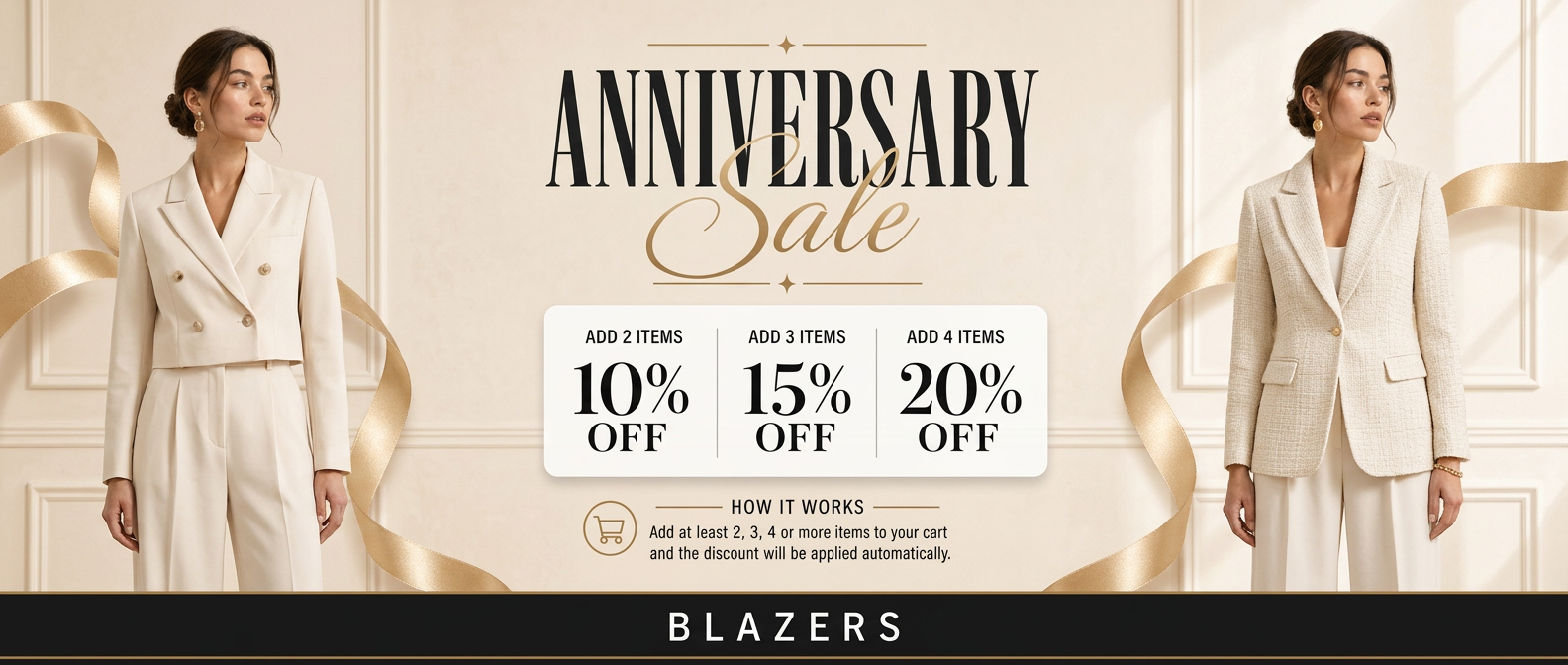 Promotional banner for an anniversary sale with a woman in a white suit and decorative elements.