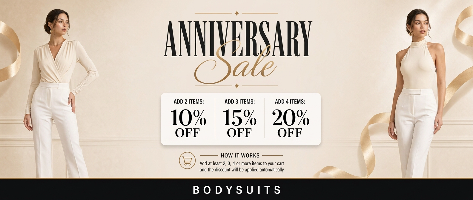 Promotional banner for an anniversary sale on bodysuits with a woman in a white outfit.