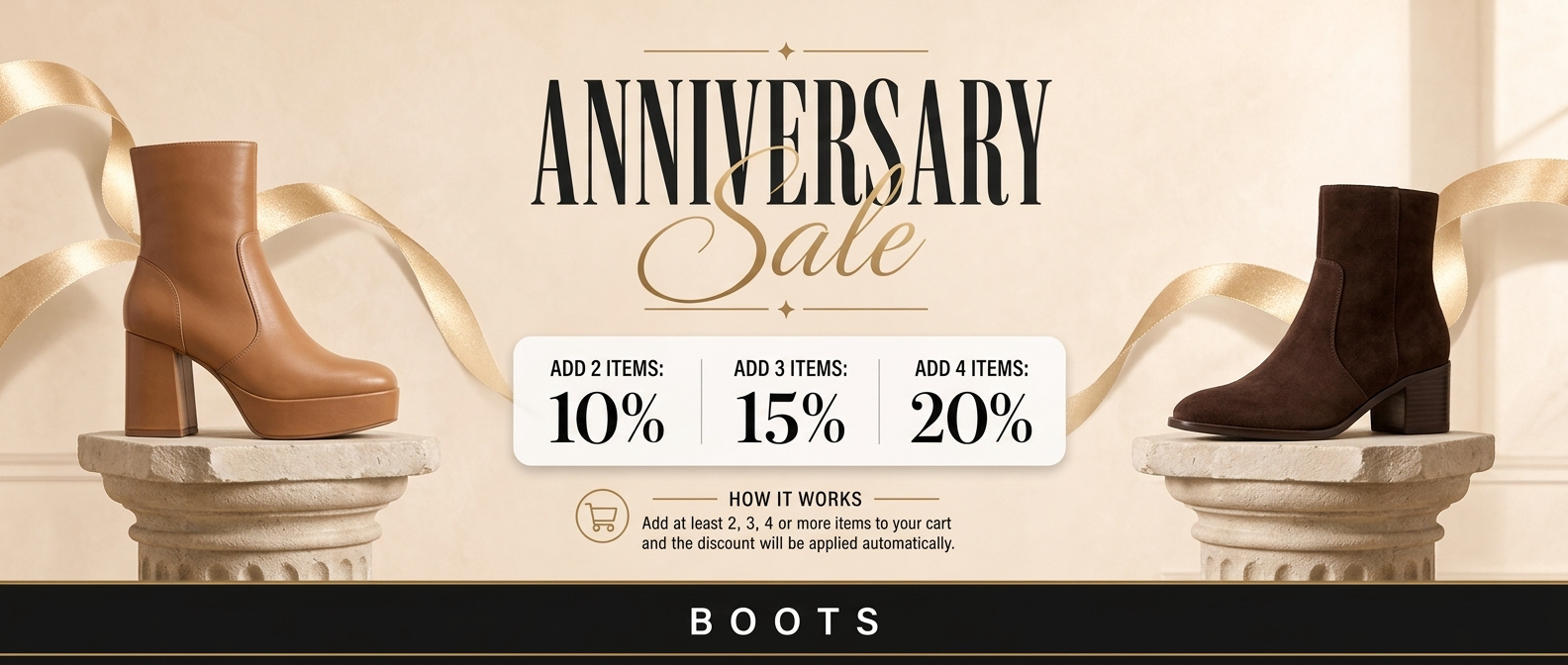 Promotional banner for an anniversary sale on boots with discount information.