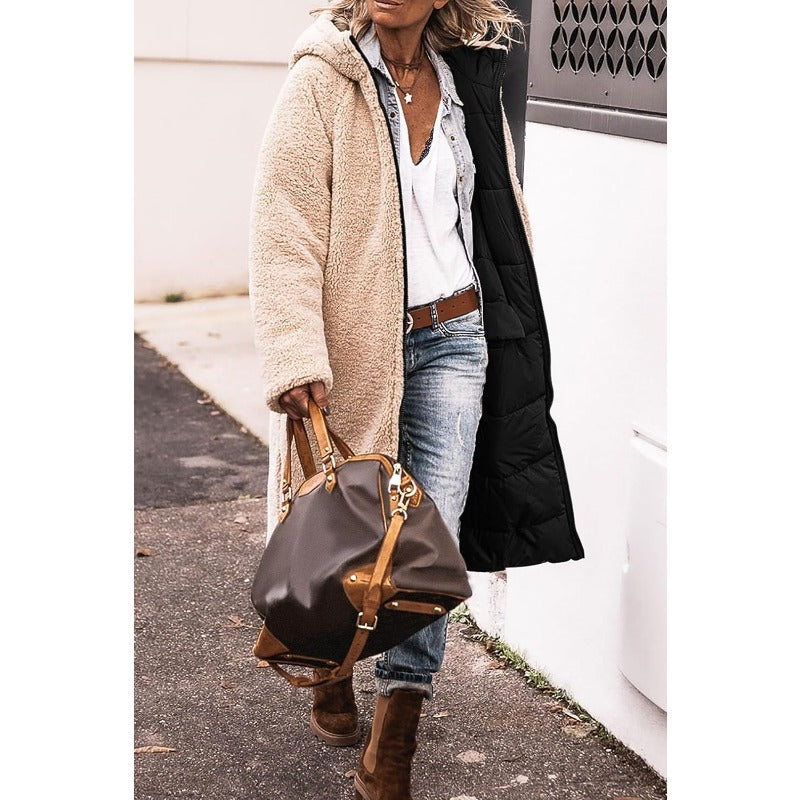 Elegant Lumina Wear Carina reversible long winter coat for women, showcasing cozy warmth and stylish design.