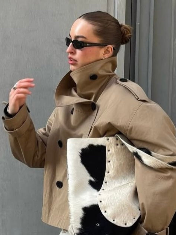 Light gray Cathryn structured short trench coat with waist tie and belt, designed for women by Lumina Wear.