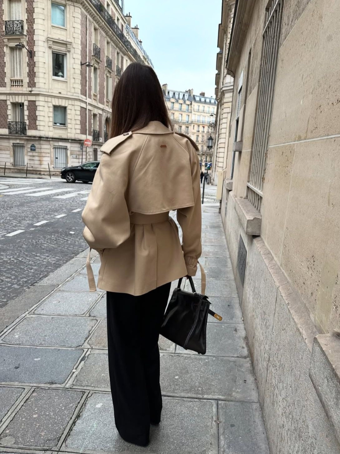 Women's Cathryn Lumina structured short trench coat with belt and waist tie, stylish outerwear with a tailored fit.