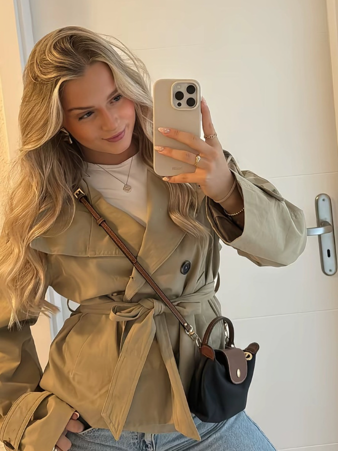 Lumina Wear Cathryn women's short belted trench coat with structured design and waist tie, stylish outerwear for transitional weather.