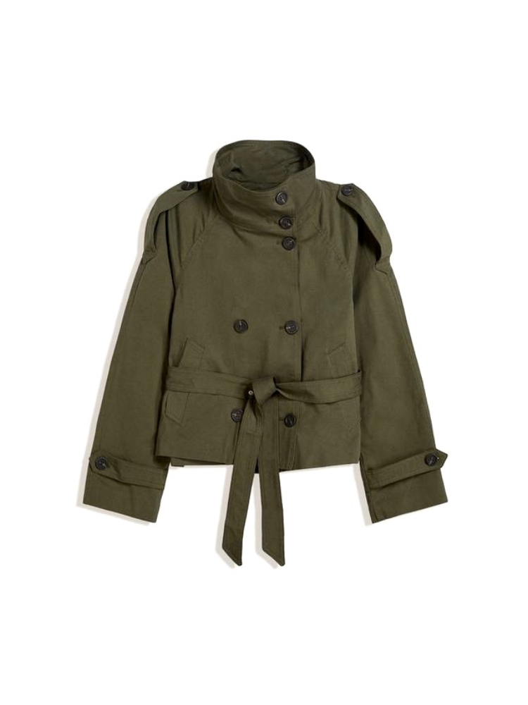 Women's Cathryn trench coat by Lumina Wear featuring a structured short design, belted waist, and tie detail.