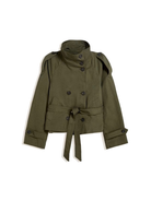 Women's Cathryn trench coat by Lumina Wear featuring a structured short design, belted waist, and tie detail.