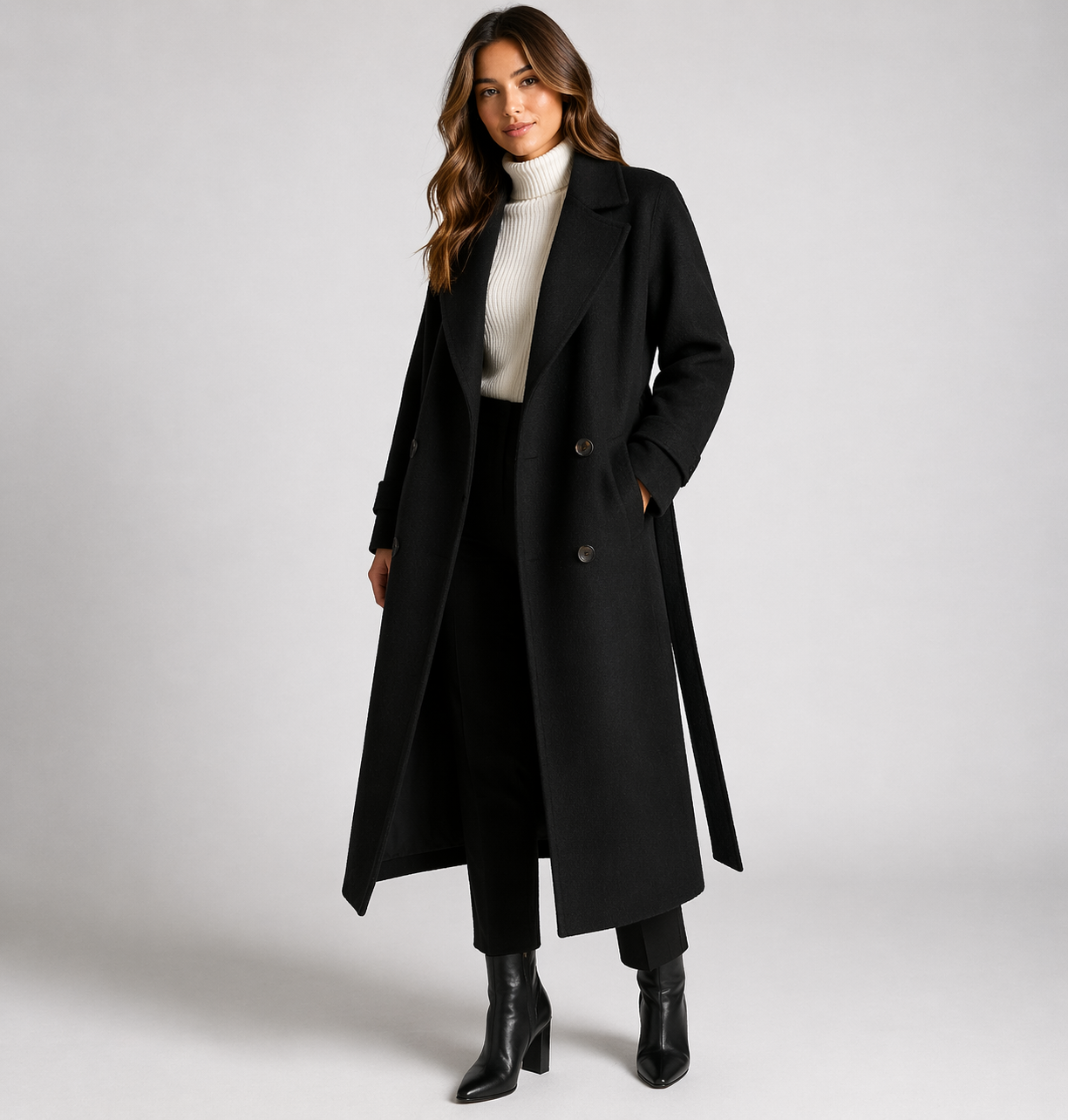Elegant Lumina Wear Cecilia wool blend overcoat with double-breasted design and notched lapel, displayed on a mannequin.